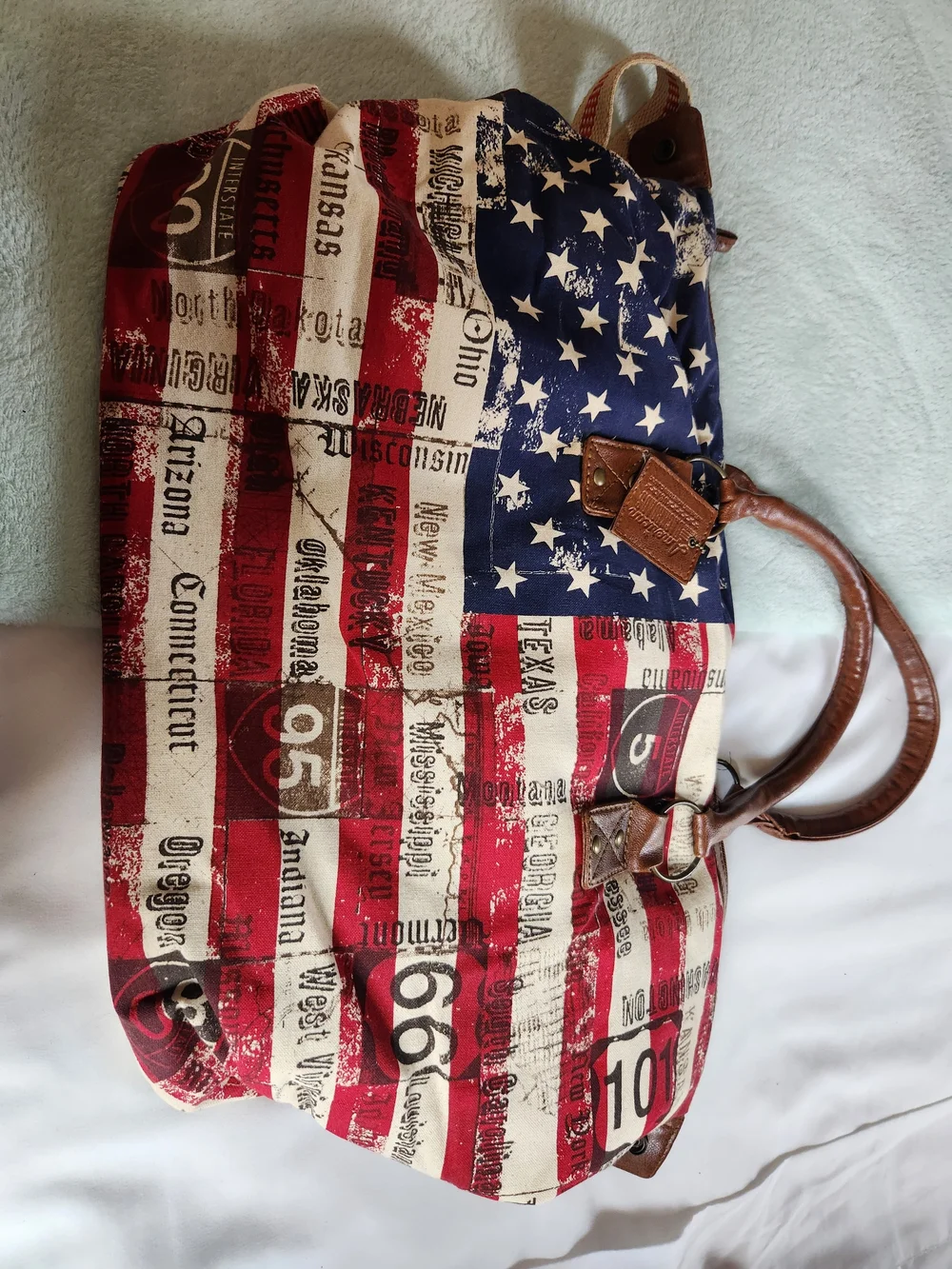 Patriotic Stars & Stripes Duffel Bag with Leather Trim - Red, White & Blue